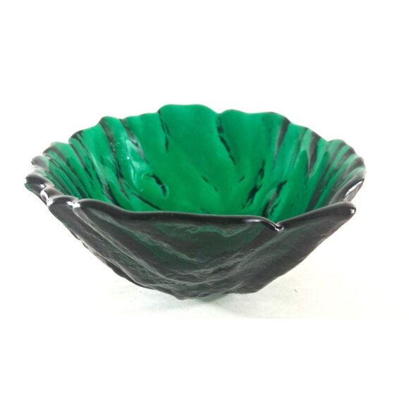 Vintage Blenko Cabbage Leaf Glass Bowl Emerald Green Candy Dish Art Sticker 6" - Picture 4 of 5